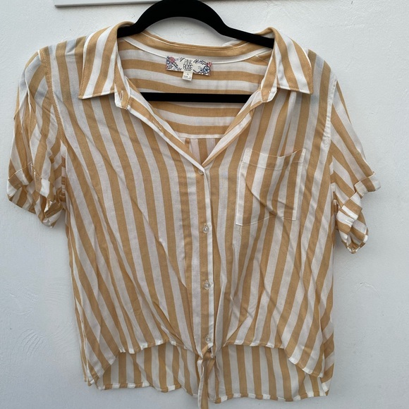 Pink Rose Tops - Striped button up shirt with front tie